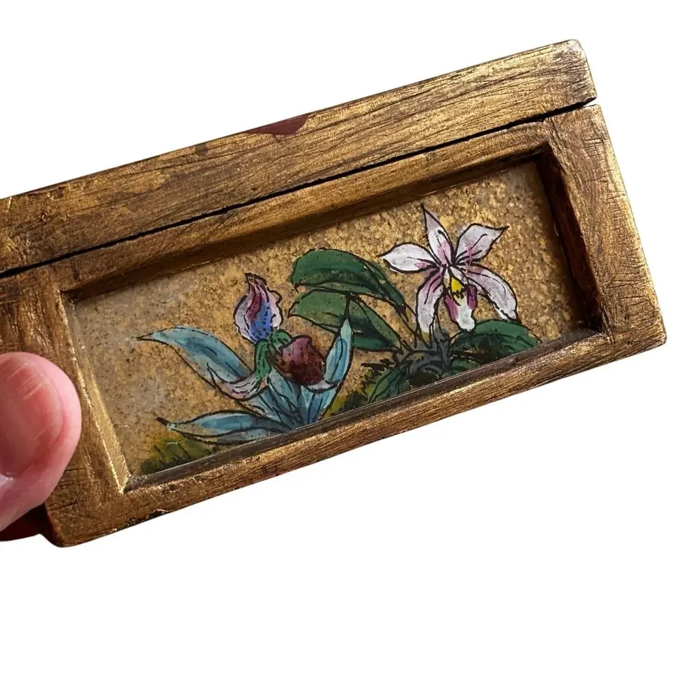 Vintage trinket box hinged lid wood hand painted floral glass & golden finish